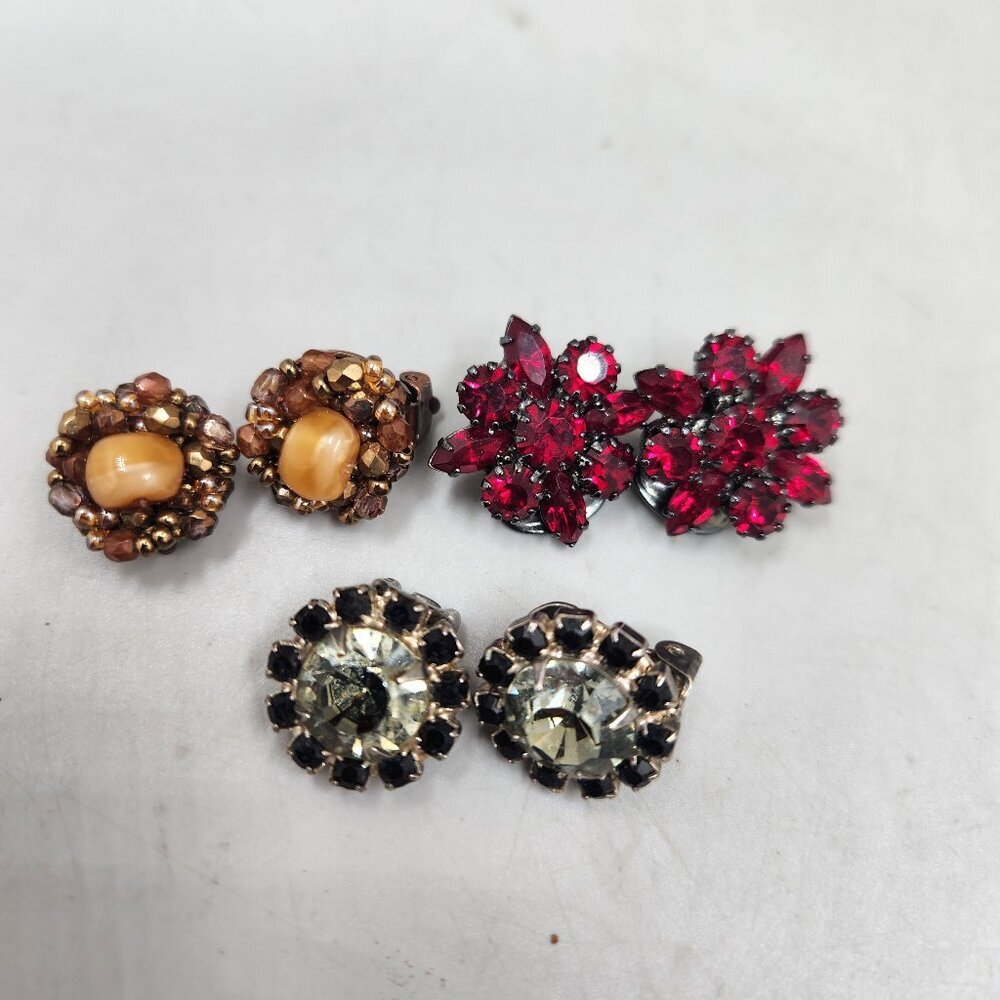 Vintage Set of 3 Pairs Clip on Earrings Rhinestones Red Black White Brown 1/2 in
